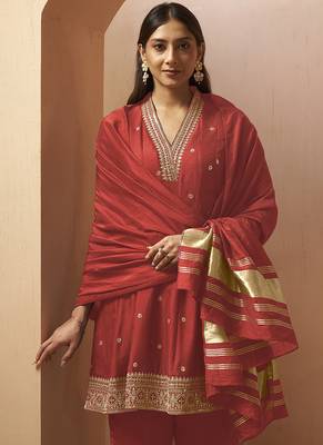 Red embroidered vichitra silk gown 5