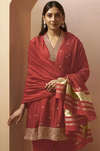 Red embroidered vichitra silk gown