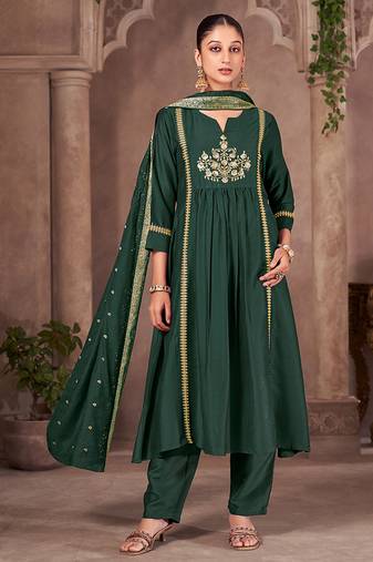 Green embroidered chinnon anarkali