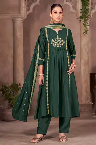 Green embroidered chinnon anarkali