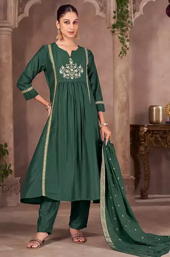 Green embroidered chinnon anarkali