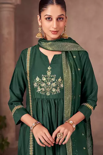 Green embroidered chinnon anarkali
