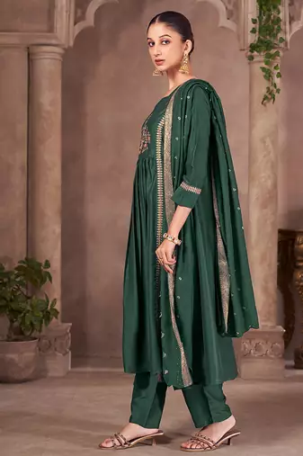 Green embroidered chinnon anarkali