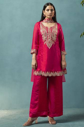 Red embroidered silk blend straight & palazzo