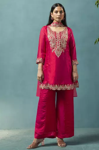 Red embroidered silk blend straight & palazzo
