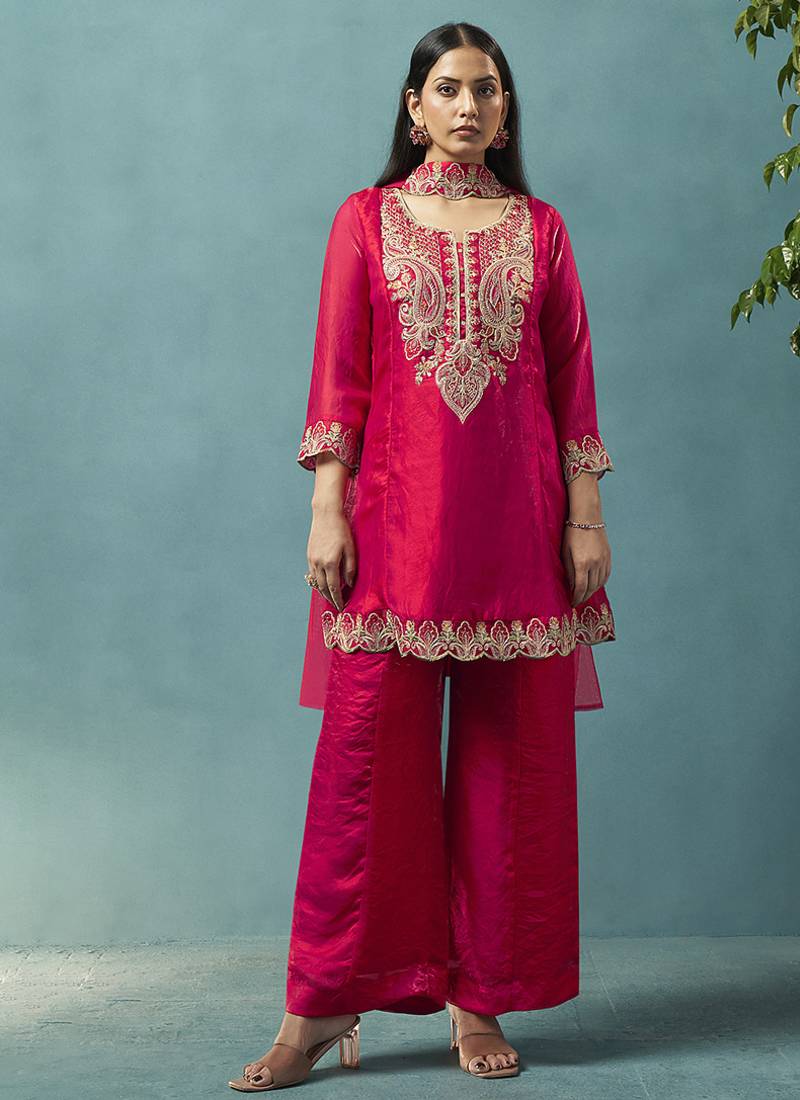 Red embroidered silk blend straight & palazzo