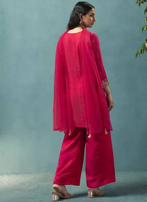 Red embroidered silk blend straight & palazzo 2
