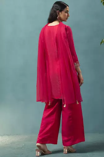 Red embroidered silk blend straight & palazzo