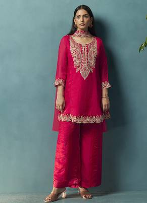 Red embroidered silk blend straight & palazzo 3