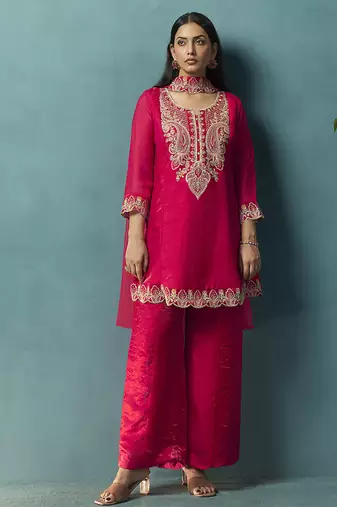 Red embroidered silk blend straight & palazzo