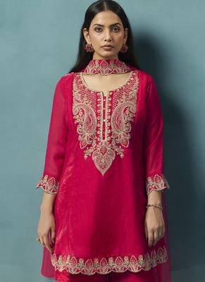 Red embroidered silk blend straight & palazzo 4