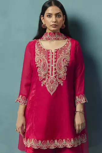Red embroidered silk blend straight & palazzo