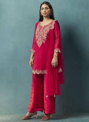 Red embroidered silk blend straight & palazzo 5
