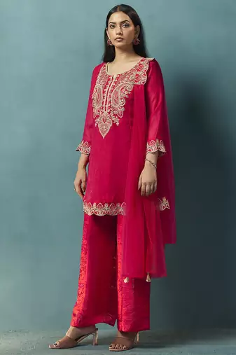 Red embroidered silk blend straight & palazzo