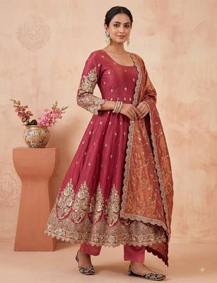 Peach colour embroidered georgette anarkali suit set with dupatta & pant 1