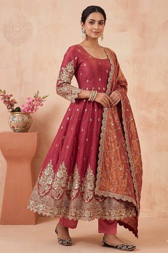 Peach colour embroidered georgette anarkali suit set with dupatta & pant