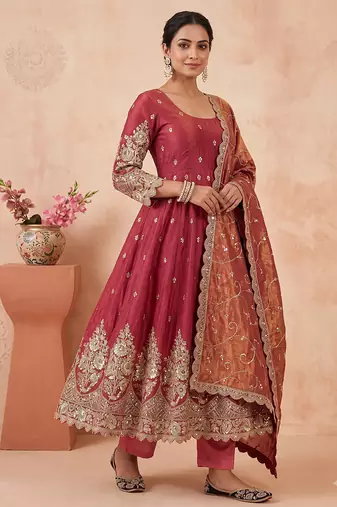 Peach colour embroidered georgette anarkali suit set with dupatta & pant