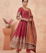 Peach colour embroidered georgette anarkali suit set with dupatta & pant