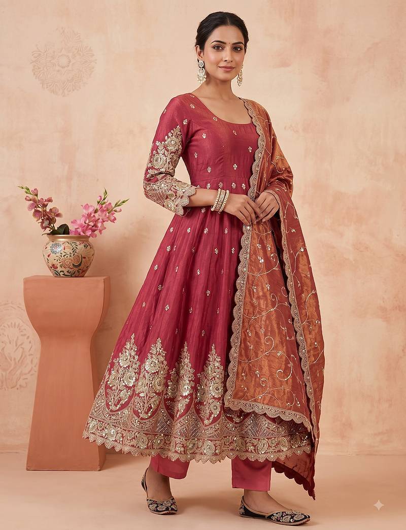 Peach colour embroidered georgette anarkali suit set with dupatta & pant