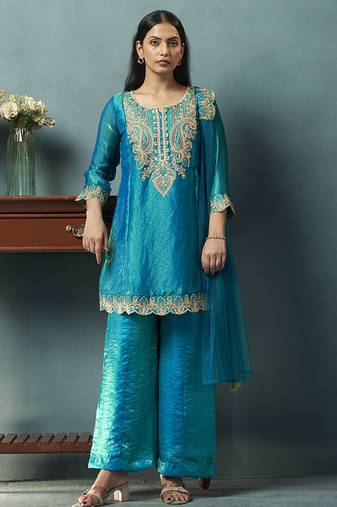 Teal blue embroidered silk blend straight & palazzo