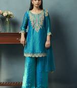 Teal blue embroidered silk blend straight & palazzo