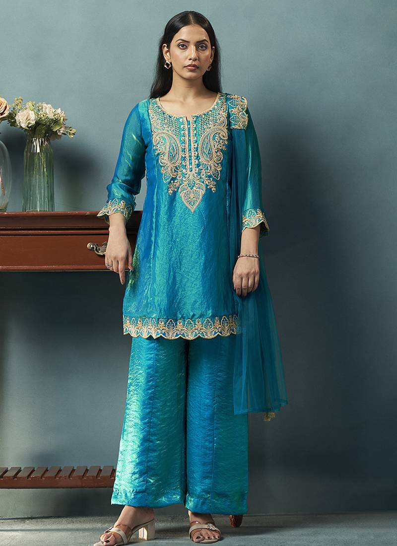 Teal blue embroidered silk blend straight & palazzo