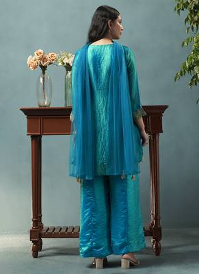 Teal blue embroidered silk blend straight & palazzo 2