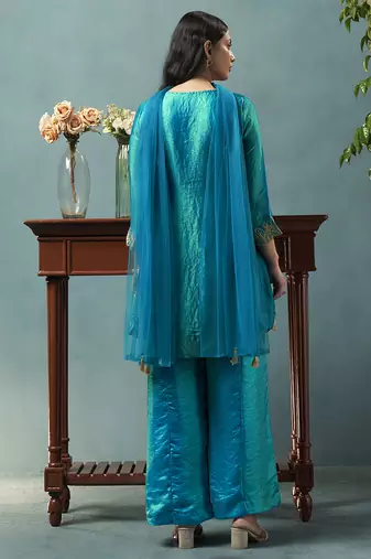 Teal blue embroidered silk blend straight & palazzo