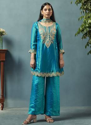 Teal blue embroidered silk blend straight & palazzo 3