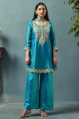 Teal blue embroidered silk blend straight & palazzo