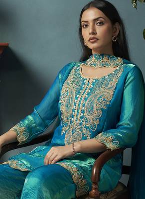 Teal blue embroidered silk blend straight & palazzo 4