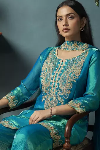 Teal blue embroidered silk blend straight & palazzo