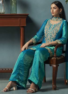 Teal blue embroidered silk blend straight & palazzo 5
