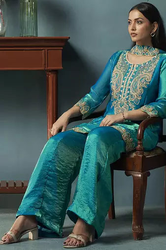 Teal blue embroidered silk blend straight & palazzo