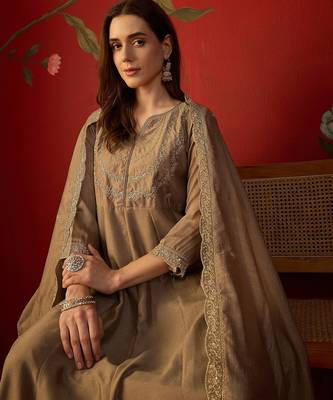 Beige vichitra silk embroidered anarkali kurta set. 2