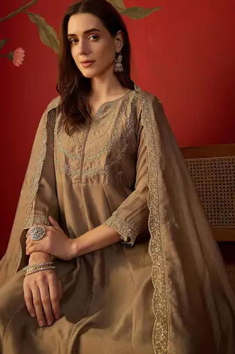 Beige vichitra silk embroidered anarkali kurta set.