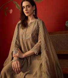Beige vichitra silk embroidered anarkali kurta set.