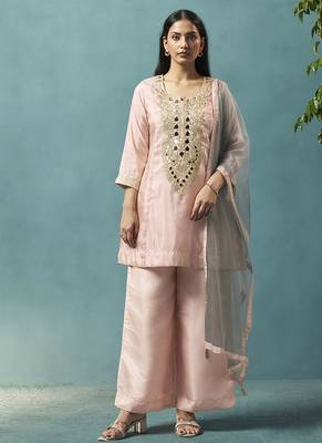 Light pink embroidered silk blend straight & palazzo 1