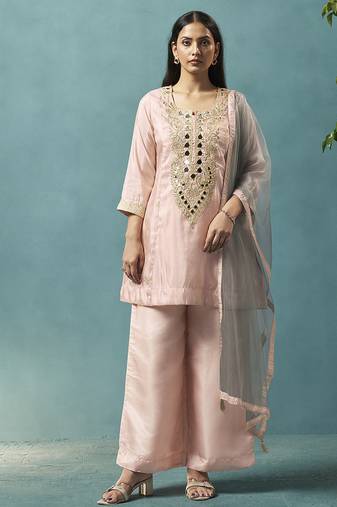 Light pink embroidered silk blend straight & palazzo
