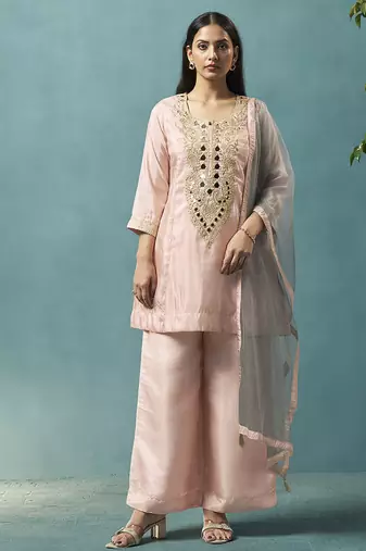 Light pink embroidered silk blend straight & palazzo