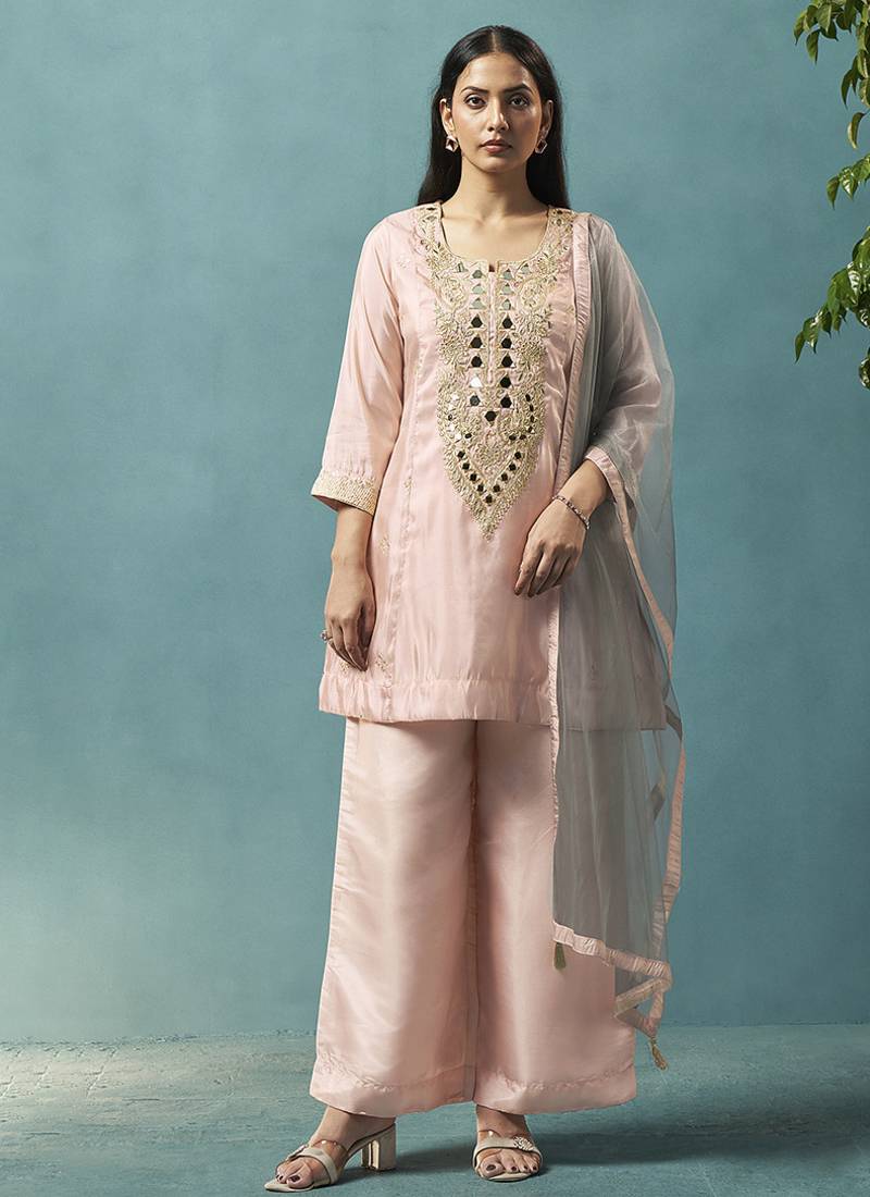 Light pink embroidered silk blend straight & palazzo