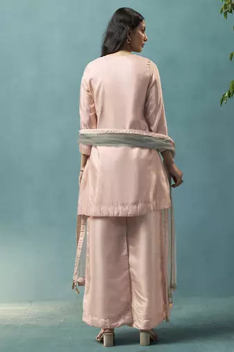 Light pink embroidered silk blend straight & palazzo