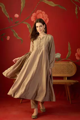 Beige vichitra silk embroidered anarkali kurta set.