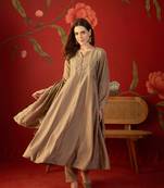Beige vichitra silk embroidered anarkali kurta set.