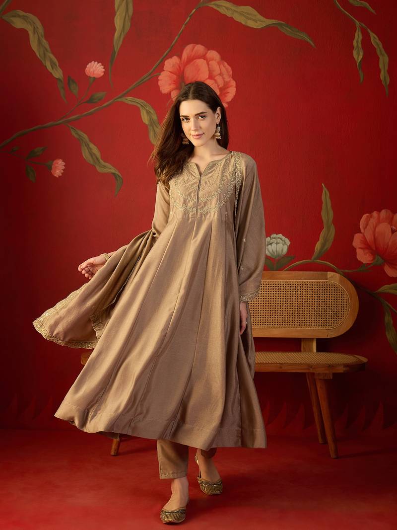 Beige vichitra silk embroidered anarkali kurta set.
