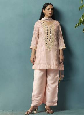 Light pink embroidered silk blend straight & palazzo 3