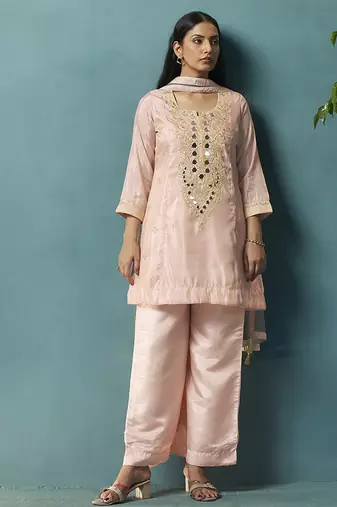 Light pink embroidered silk blend straight & palazzo