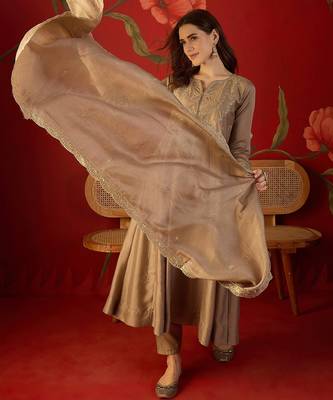 Beige vichitra silk embroidered anarkali kurta set. 3