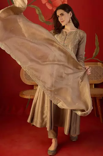 Beige vichitra silk embroidered anarkali kurta set.