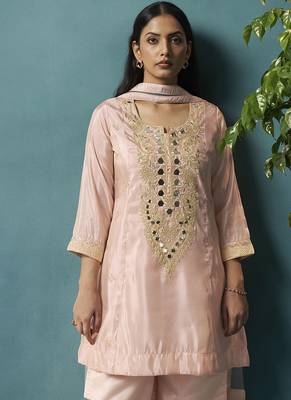 Light pink embroidered silk blend straight & palazzo 4